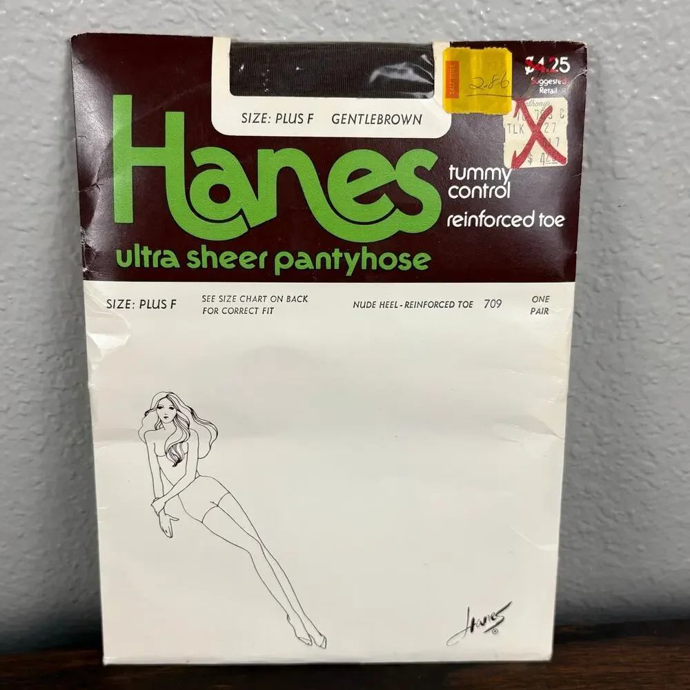 Vintage 80s Hanes Ultra Sheer Pantyhose Size Plus F Brown Tights Reinforced Toes